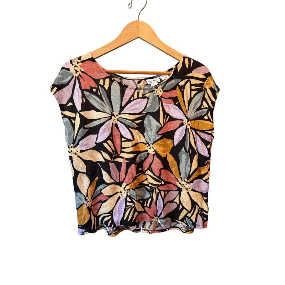 Nicole Miller New York Womens Large Linen Floral Button Back Top Multi Artsy